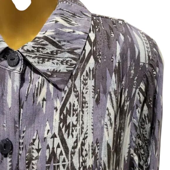 Attitudes by Renee Small Aztec Print Shirt Denim Vibes Blue Gray Off-White - Picture 11 of 13